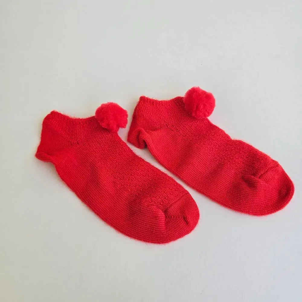 Orlon Slipper Socks Red Stretch Knit Nylon PomPom Vintage 70s One Size Vtg